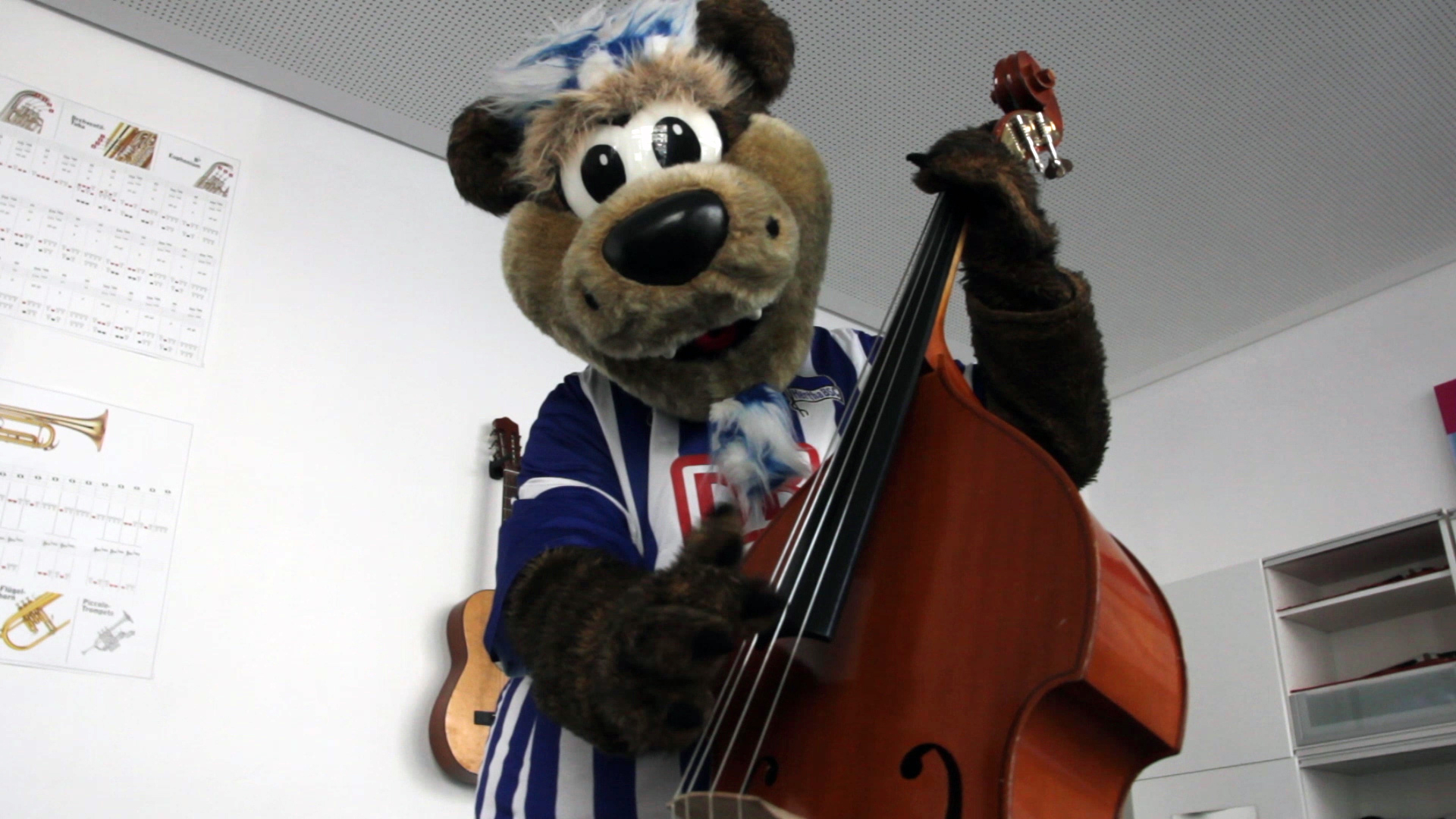 Maskottchen der DFL Stiftung, ein brauner Bär mit blau-weiß gestreiftem Trikot, spielt stehend Kontrabass in einem hellen Raum. Im Hintergrund sind Musikinstrumente an der Wand zu sehen.