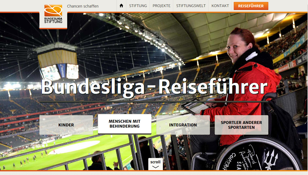 "DFL Stiftung: Collage verschiedener Sportarten und Menschen mit Behinderung, darunter ein Fußballspieler, ein Rollstuhlfahrer und eine Sportlerin beim Rudern. Im Vordergrund steht der Titel 'Bundesliga-Reiseführer'."
