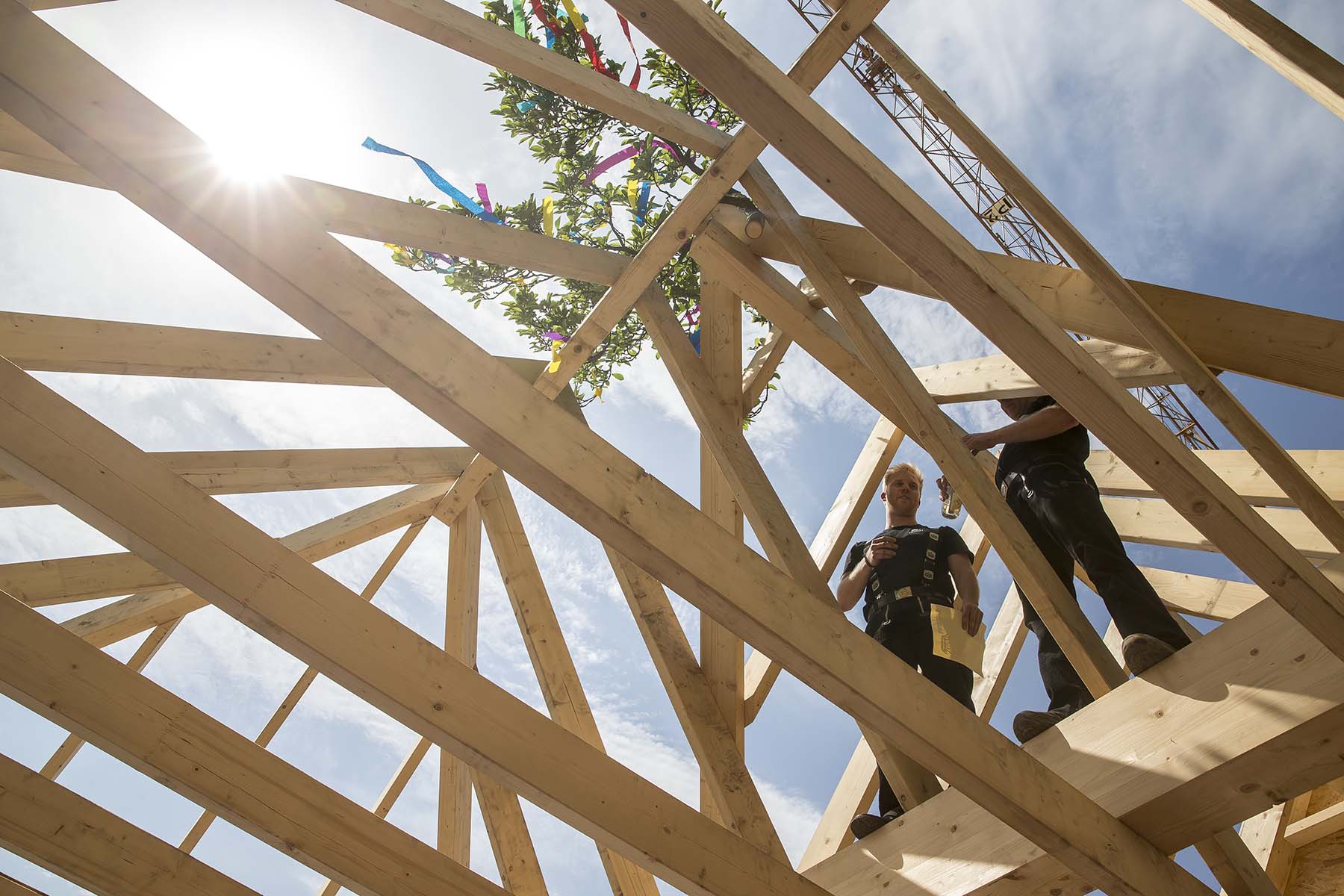 Blick von unten auf das Dachgebälk eines Holzhauses, auf dem zwei Personen arbeiten. Der Himmel ist durch die Dachkonstruktion sichtbar.