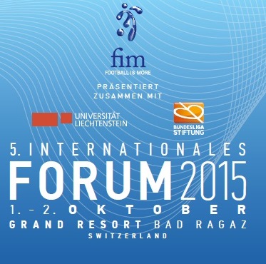 "Flyer zum 5. Internationalen Forum 'Football is More' der DFL Stiftung, das vom 1.-2. Oktober im Grand Resort Bad Ragaz, Schweiz stattfindet. Das Logo der Universität Liechtenstein und der Bundesliga Stiftung sind ebenfalls abgebildet."