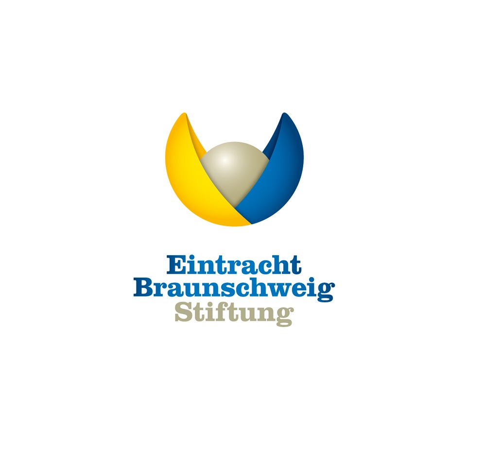 Logo der Eintracht Braunschweig Stiftung mit stilisiertem Vogel in den Vereinsfarben Blau, Gelb und Weiß. Darunter der Schriftzug "Eintracht Braunschweig Stiftung".
