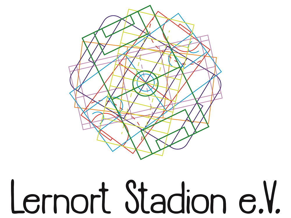 Abstraktes, buntes Liniengeflecht in Form eines Fußballstadions, darunter der Schriftzug "Lernort Stadion e.V.".