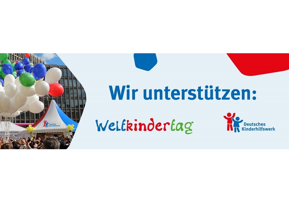 "DFL Stiftung unterstützt den Welterkindertag – Banner mit bunten Luftballons und dem Logo des Deutschen Kinderhilfswerks."