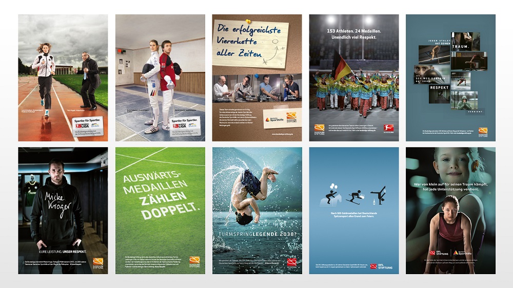 Zehn Bilder, die verschiedene Sportler in Aktion zeigen, sowie Logos der DFL Stiftung und der Deutschen Sporthilfe, zur Illustration der 10-jährigen Kooperation.