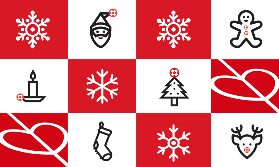 Kachelbild mit weihnachtlichen Symbolen in Weiß und Schwarz auf rotem Hintergrund: Schneeflocken, Weihnachtsmann, Lebkuchenmännchen, Kerze, Weihnachtsbaum, Herz, Socke und Rentier.