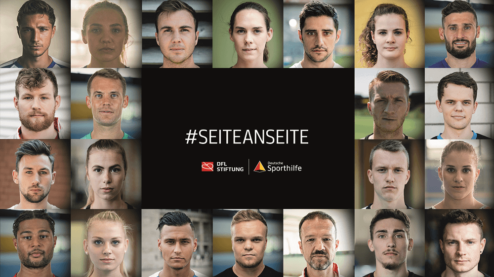 Collage aus Porträts von Fußballprofis, darunter auch Frauen, mit dem Hashtag #SeiteanSeite und den Logos der DFL Stiftung und Deutsche Sporthilfe.