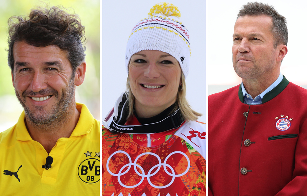 Drei Porträts: Links Fußballspieler Fredi Bobic im gelben Trikot von Borussia Dortmund, in der Mitte Skirennläuferin Maria Höfl-Riesch mit roter Mütze und Skiausrüstung, rechts Fußballtrainer Lothar Matthäus in bayerischer Tracht.