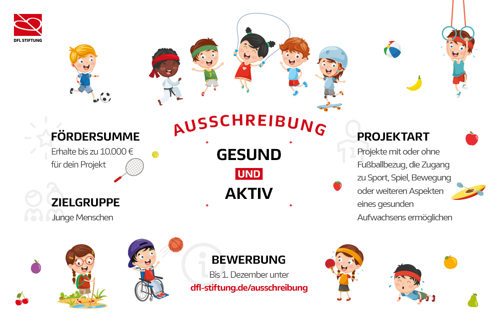 "Ausschreibung der DFL Stiftung: Förderung von Projekten für gesundes und aktives Aufwachsen von Kindern und Jugendlichen. Illustration von spielenden Kindern."
