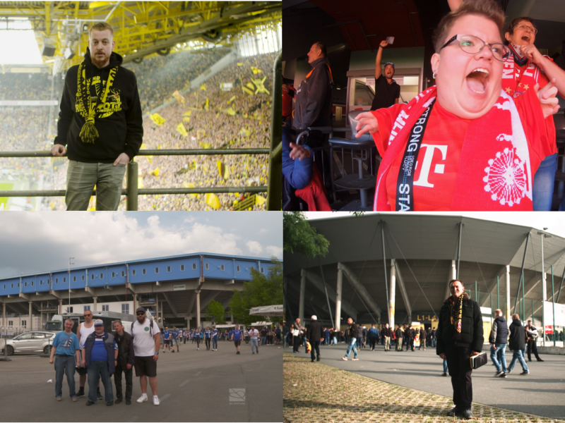 Hier sind Alt-Texte für die Bilder, die die Inhalte der Webseite der DFL Stiftung beschreiben:

**Bild 1:** Mann steht auf einer Tribüne und blickt auf ein Fußballstadion, gefüllt mit Zuschauern. 

**Bild 2:** Begeisterter Fußballfan mit rotem Trikot und Schal jubelt in einem Stadion.

**Bild 3:** Eine Gruppe von Menschen steht vor einem Fußballstadion an einem sonnigen Tag.

**Bild 4:** Eine Menschenmenge betritt ein Stadion, im Hintergrund die charakteristische Architektur des Stadions.