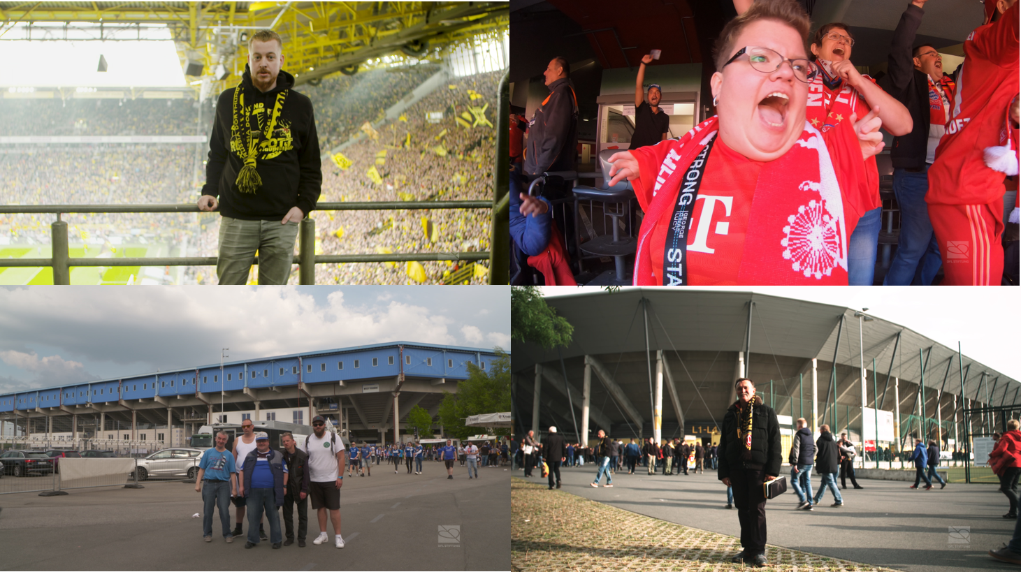 Hier sind Alt-Texte für die Bilder, die die Inhalte der Webseite der DFL Stiftung beschreiben:

**Bild 1:** Mann steht auf einer Tribüne und blickt auf ein Fußballstadion, gefüllt mit Zuschauern. 

**Bild 2:** Begeisterter Fußballfan mit rotem Trikot und Schal jubelt in einem Stadion.

**Bild 3:** Eine Gruppe von Menschen steht vor einem Fußballstadion an einem sonnigen Tag.

**Bild 4:** Eine Menschenmenge betritt ein Stadion, im Hintergrund die charakteristische Architektur des Stadions.