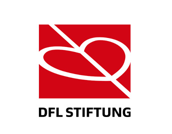 DFL Stiftung Logo: Rotes Quadrat mit weißem, stilisiertem Herz und diagonalem Strich, darunter der Schriftzug "DFL STIFTUNG".