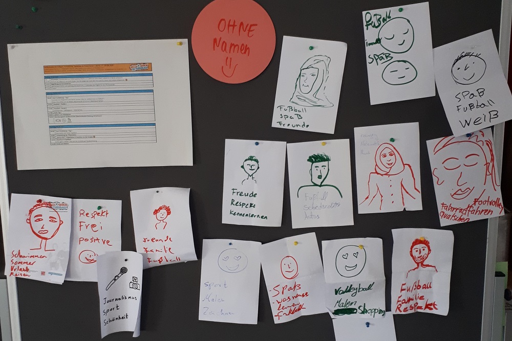 Wandtafel mit Kinderzeichnungen und Notizen zur Fortbildung "Willkommen im Fußball". Die Zeichnungen zeigen Gesichter, Fußballmotive und Begriffe wie "Freunde", "Respekt", "Spaß" und "Positiv". Die Notizen beinhalten Stichpunkte zur Fortbildung "Öffentliches Sprechen und Präsentieren".