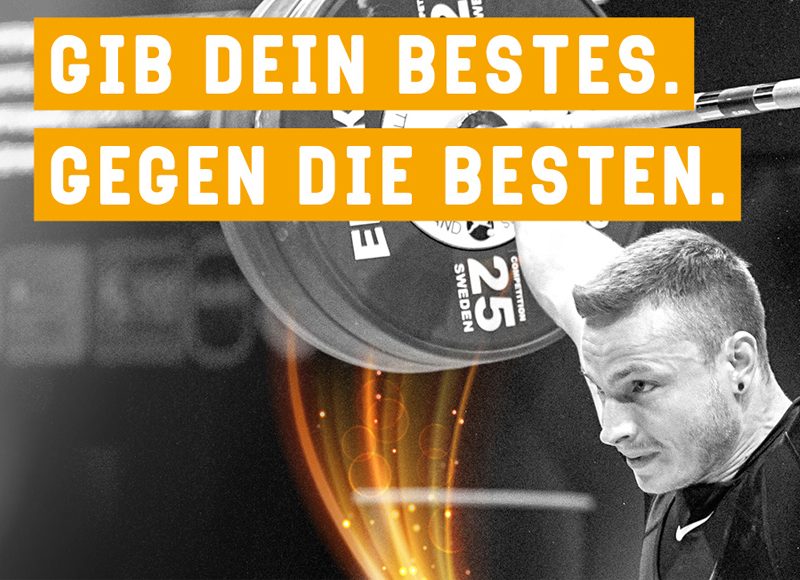 Foto von dem Gewichtheber Max Lang mit der Aufforderung das Beste gegen die Besten zu geben