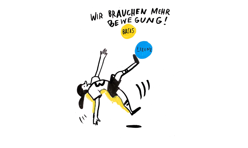 Zeichnung eines Mädchens, das Fußball spielt, mit der Aufforderung mehr Bewegung zu ermöglichen