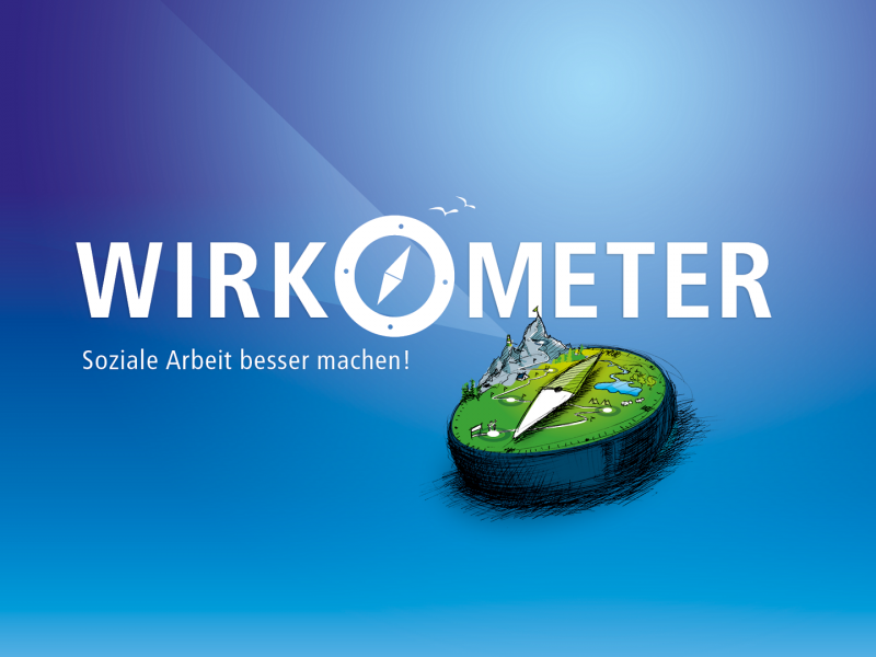 Wirkometer Logo auf dem blauen Hintergrund mit der Aufforderung soziale Arbeit besser zu machen
