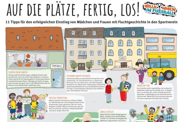 Illustratives Poster mit dem Titel „Auf die Plätze, fertig, los! 11 Tipps für den erfolgreichen Einstieg von Mädchen und Frauen mit Fluchtgeschichte in den Sportverein“. Gezeigt werden spielende Menschen, eine Schule, eine Sporthalle und ein Sportplatz. Die Tipps umfassen Themen wie Vertrauen schaffen, persönliche Ansprache, Einbindung von Eltern und kontinuierliche Trainingszeiten.