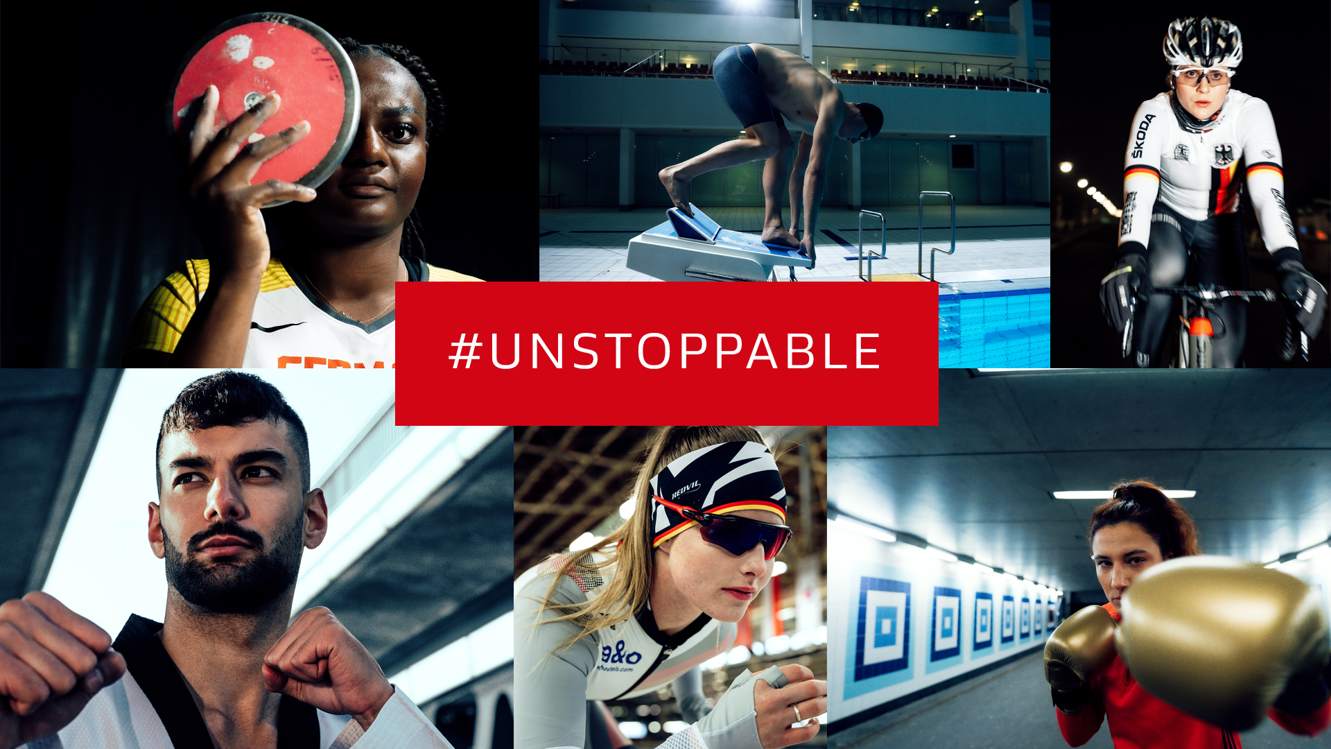 Fotos von der Bahnrad-Weltmeisterin Lea Sophie Friedrich, Boxerin Sarah Scheurich, Freiwasser-Staffelweltmeister Rob Muffels, Diskuswerferin Claudine Vita und Turner Lukas Dauser unter dem Motto #unstoppable
