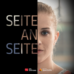 Elisabeth Seitz, Kunstturnerin, im Porträt, linke Bildhälfte schwarz, rechte Bildhälfte farbig. DFL Stiftung Logo und Deutsche Sporthilfe Logo im unteren Bereich.