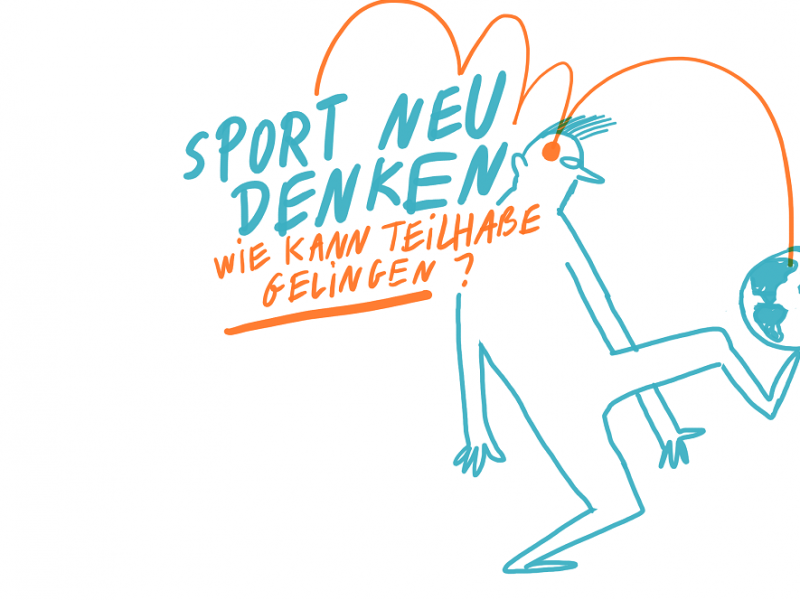 Zeuchnung eines Mannes, der Fußball spielt mit dem Überschrift ,,Sport neu denken: Wie kann Teilhabe gelingen?"