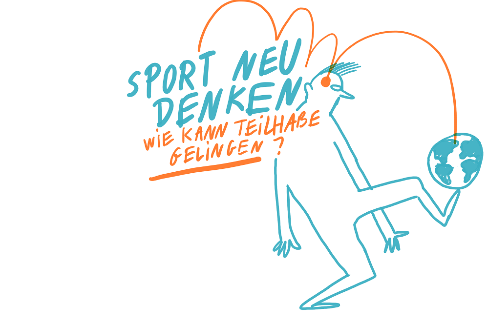 Zeuchnung eines Mannes, der Fußball spielt mit dem Überschrift ,,Sport neu denken: Wie kann Teilhabe gelingen?"