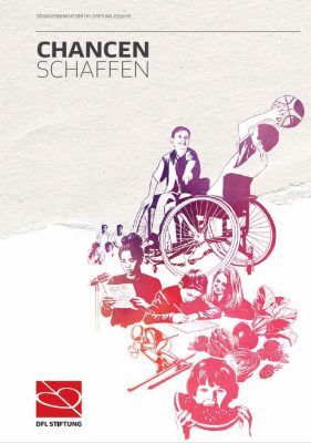 Illustration des Coverbilds des Tätigkeitsberichts 2019/20 der DFL Stiftung: Verschiedene Menschen, darunter eine Person im Rollstuhl und Kinder, sind in einem farbenfrohen, stilisierten Design dargestellt. Im Vordergrund das Logo der DFL Stiftung.