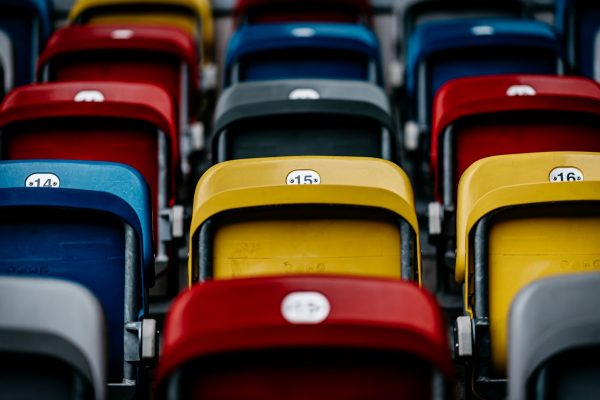 Colorful seats in a stadium.