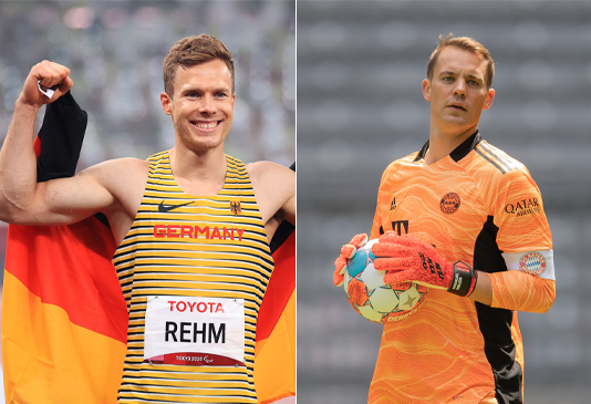 The photo shows Markus Rehm on the left and Manuel Neuer on the right.