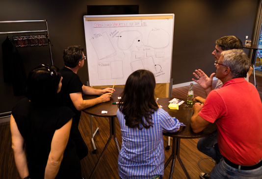 Eine Gruppe von vier Personen sitzt um einen runden Tisch und bespricht ein Whiteboard mit Skizzen und Notizen. Die Teilnehmer sind in eine angeregte Diskussion vertieft.