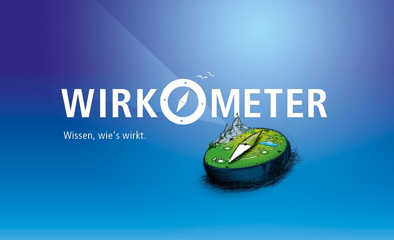 Das Wort "Wirkometer" und "Wissen, wie's wirkt" auf blauem Hintergrund.