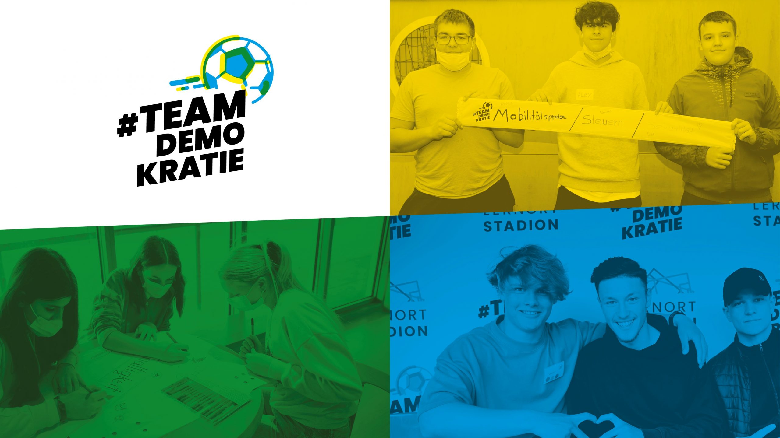 Eine Gruppe junger Fußballspieler in weißen und grauen Trikots läuft mit Freude und Begeisterung in die Kamera. Einige halten Getränkeflaschen in der Hand, während ein Junge im Vordergrund laut jubelt. Im Hintergrund ist eine grüne Fahne zu sehen. Die Aufnahme entstand beim "FußballFreunde"-Cup in der Freiburger Fußballschule und zeigt die Freude am inklusiven Fußball.