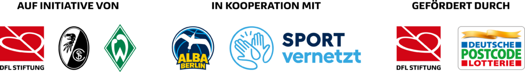 Kombiniertes Logo der DFL Stiftung mit Partnerlogos: DFL Stiftung Logo mit Herz, Logo von Hertha BSC, Logo der SportBild, Logo von Alba Berlin, Schriftzug "SPORT vernetzt", DFL Stiftung Logo mit Herz und Logo der Deutsche Postcode Lotterie.