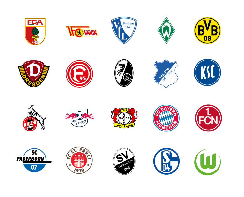 Eine Collage aus den Logos verschiedener Fußballvereine der Bundesliga, darunter Bayer 04 Leverkusen, FC Bayern München, Borussia Dortmund, 1. FC Köln und andere.