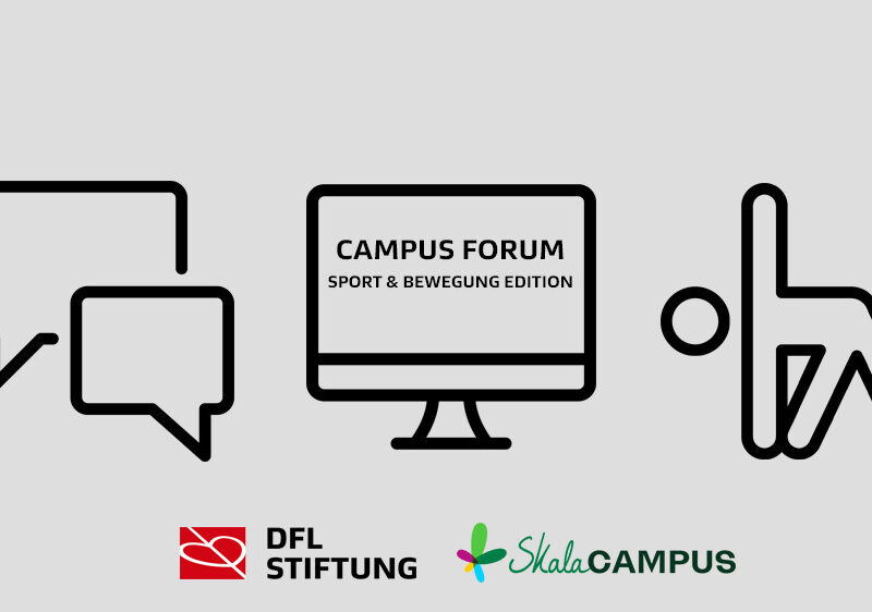 Webinarreihe "CAMPUS Forum Sport und Bewegung Edition" der DFL Stiftung mit Icons für Kommunikation und Bewegung.