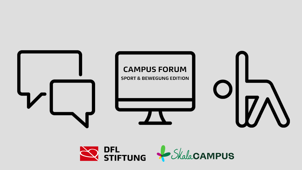 Webinarreihe "CAMPUS Forum Sport und Bewegung Edition" der DFL Stiftung mit Icons für Kommunikation und Bewegung.