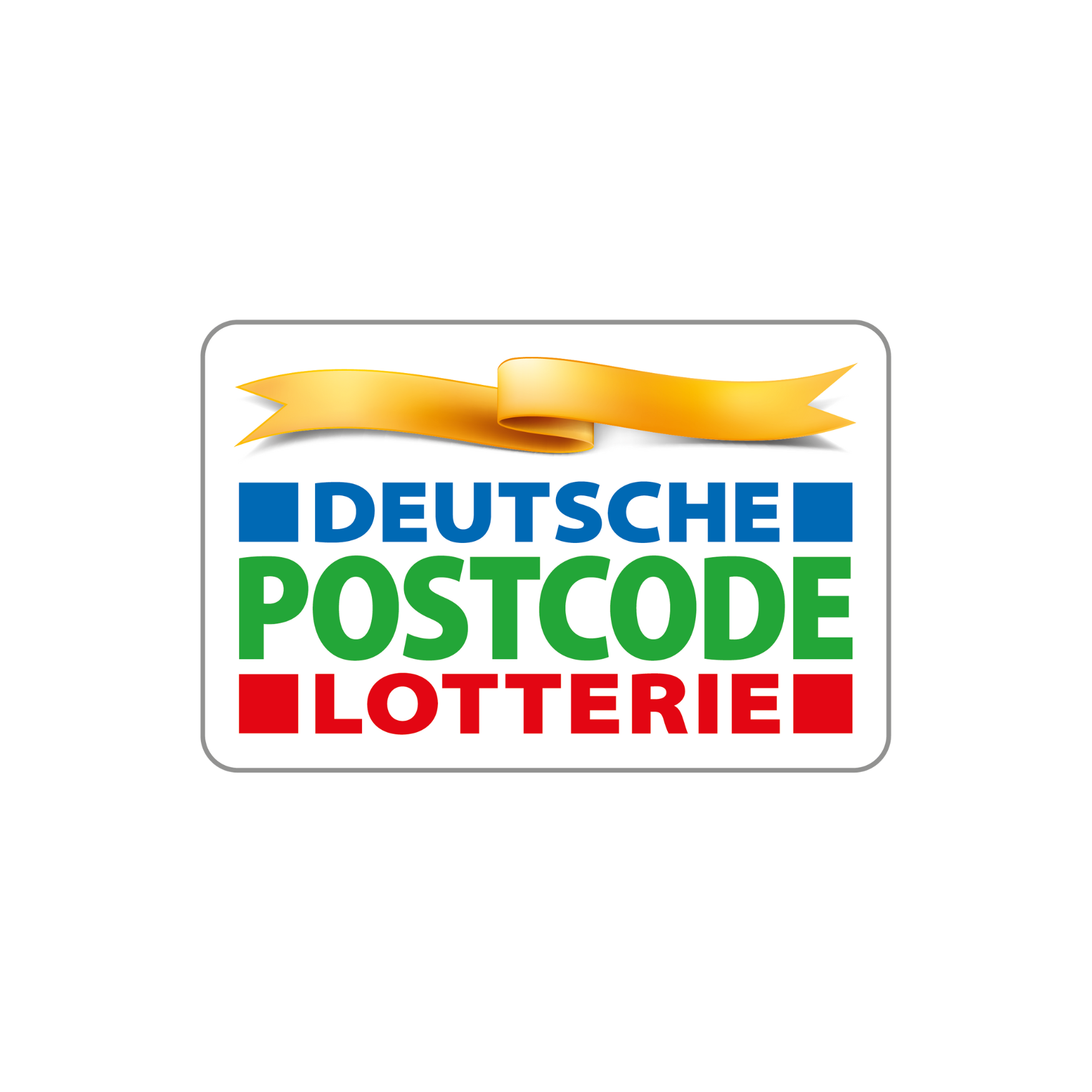 Logo der Deutschen POSTCODE-LOTTERIE mit einem gelben Band darüber.