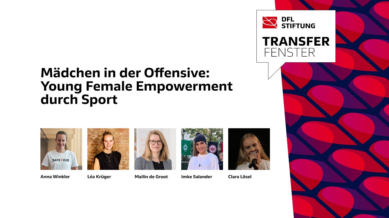 Das Bild zeigt die Moderatorin des Transferfensters, Imke Salander, sowie die Speakerinnen: Léa Krüger, Anna Winkler, Mailin de Groot und die Poetry Slammerin Clara Lösel.