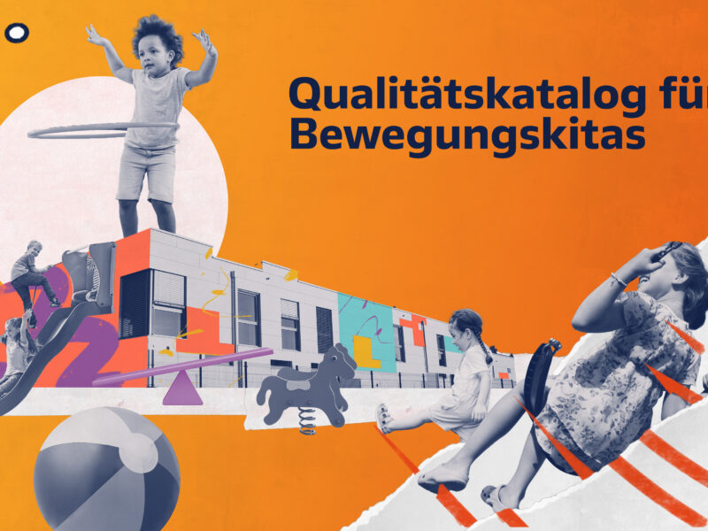 Collage aus Fotos von spielenden Kindern in Bewegung, die den Fokus auf die Förderung von Bewegung in Kindertagesstätten legt. Im Hintergrund ein helles Gebäude.