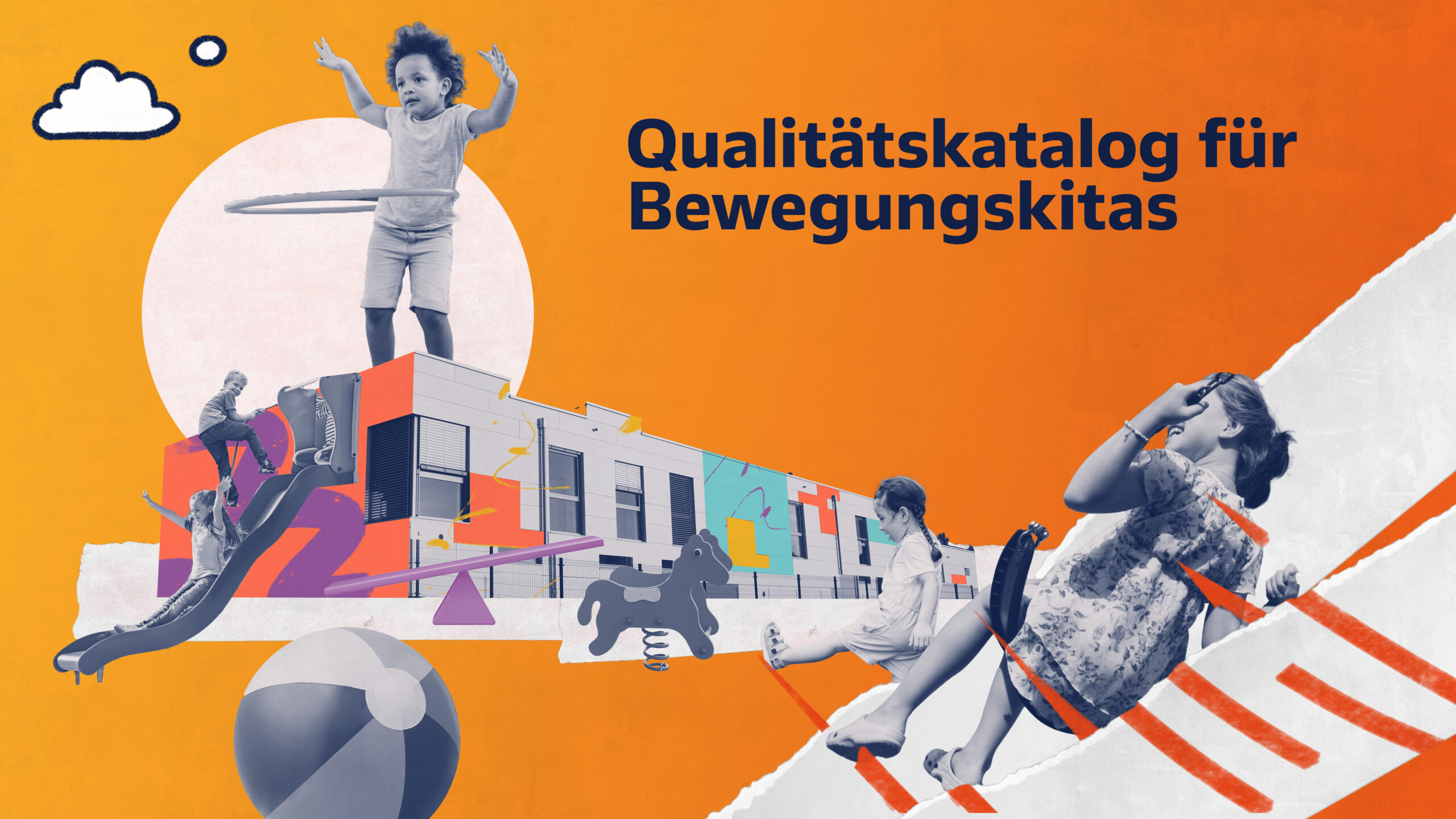 Collage aus Fotos von spielenden Kindern in Bewegung, die den Fokus auf die Förderung von Bewegung in Kindertagesstätten legt. Im Hintergrund ein helles Gebäude.