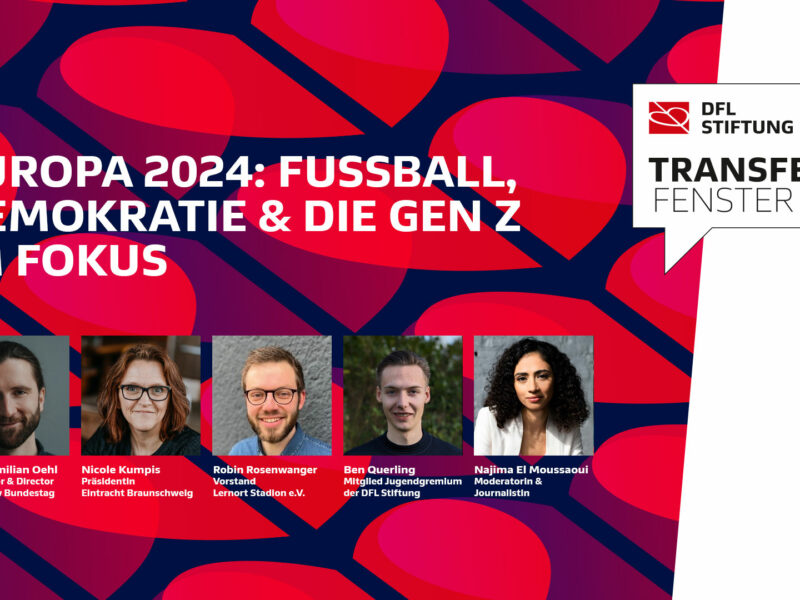 Alt-Text: Collage mit den Porträtfotos von Dr. Maximilian Oehl (Brand New Bundestag), Nicole Kumpis (Eintracht Braunschweig), Robin Rosenwanger (Lernt Stadion e.V.), Ben Querling (Jugendgremium der DFL Stiftung) und Najima El Moussaoui (Moderatorin & Journalistin). Im Hintergrund ein Farbverlauf von Rot zu Blau und der Schriftzug "Europa 2024: Fußball, Demokratie & Die Gen Z im Fokus" sowie "Transferfenster" und das Logo der DFL Stiftung.