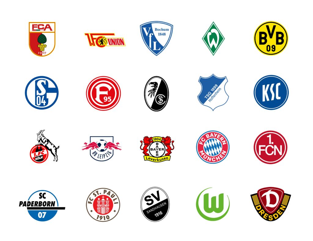 Logos der Fußballvereine der Saison 2024/25, darunter FC Augsburg, 1. FC Union Berlin, VfL Bochum, Borussia Dortmund, FC Schalke 04, 1. FC Köln, RB Leipzig, Bayer Leverkusen, FC Bayern München, 1. FC Nürnberg, SC Paderborn, FC St. Pauli, SV Sandhausen, Werder Bremen und Dynamo Dresden.