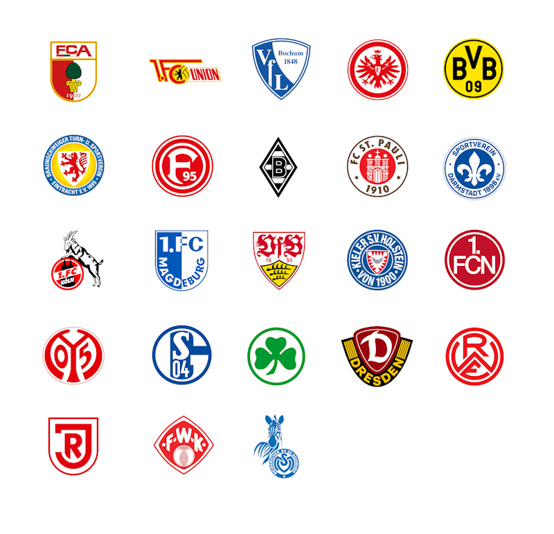 Eine Sammlung von Clublogos aus dem deutschen Fußball, darunter FCA, 1. FC Union Berlin, VfL Bochum, Borussia Dortmund, 1. FC Nürnberg, Eintracht Frankfurt, Fortuna Düsseldorf, FC St. Pauli, SV Darmstadt 98, 1. FC Köln, 1. FC Magdeburg, SpVgg Unterhaching, Holstein Kiel, Dynamo Dresden, Rot-Weiß Erfurt, FC Karlsruher, SV Werder Bremen.