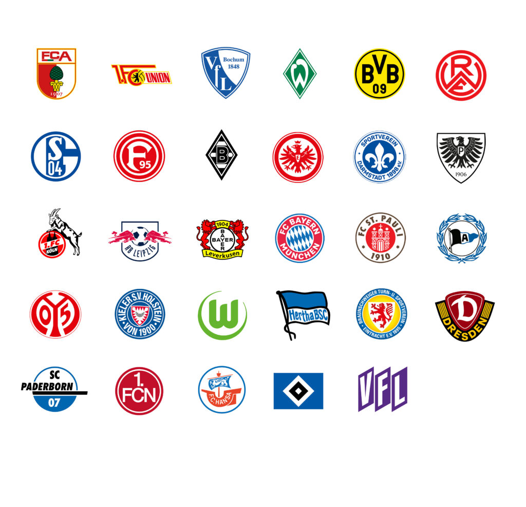 Eine Sammlung von Vereinslogos aus der Bundesliga und 2. Bundesliga, darunter Schalke 04, 1. FC Union Berlin, VfL Bochum, Werder Bremen, Borussia Dortmund, Rot-Weiss Essen, Bayer Leverkusen, FC Bayern München, FC St. Pauli, Dynamo Dresden, Hertha BSC, 1. FC Kaiserslautern, Hannover 96 und weitere.