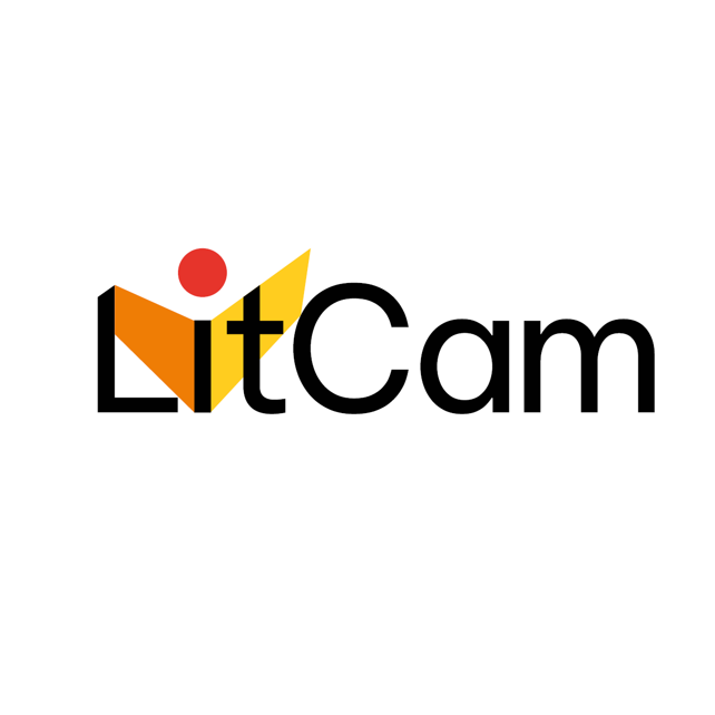 Logo von LitCam mit einem roten Punkt und gelbem Blitz über dem Schriftzug 