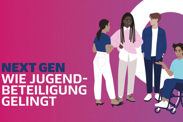 Eine Illustration zeigt eine Gruppe junger Menschen unterschiedlicher Herkunft und mit unterschiedlichen Fähigkeiten, die zusammenstehen und diskutieren. Im Hintergrund steht der Schriftzug 