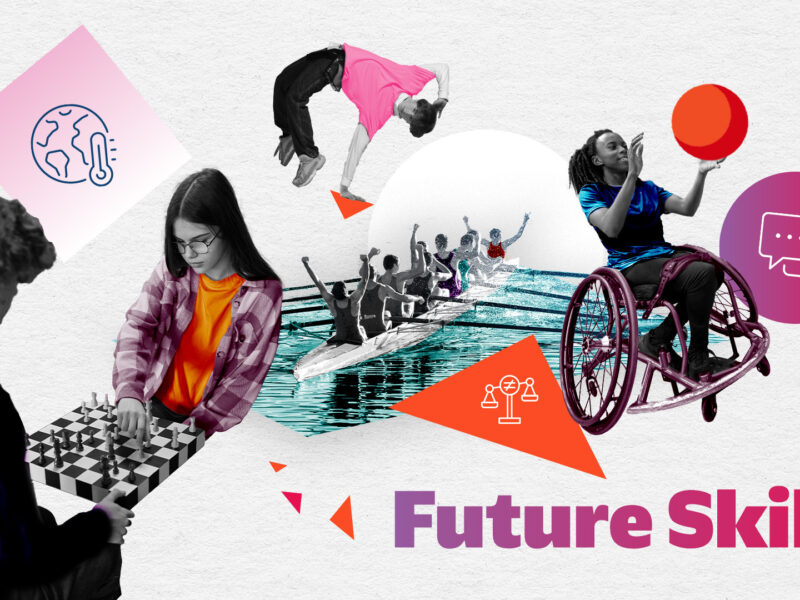 Collage mit verschiedenen Menschen in unterschiedlichen sportlichen und konzentrierten Tätigkeiten, symbolisierend die 