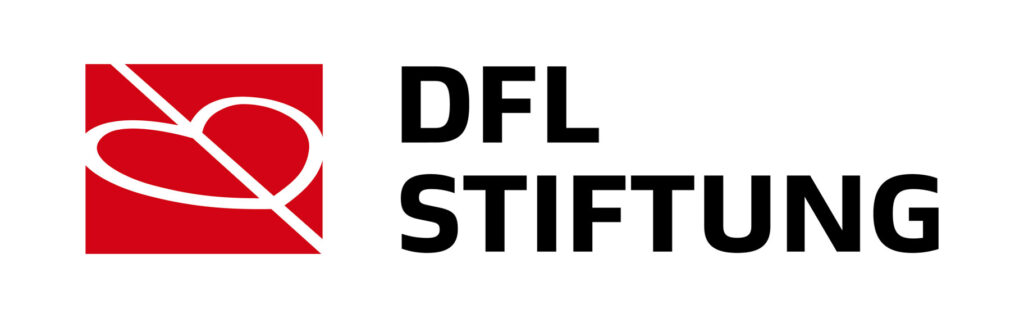 Logo der DFL Stiftung mit einem roten Quadrat und einem stilisierten weißen Fußballherz sowie dem Schriftzug "DFL STIFTUNG" in schwarzer Schrift.