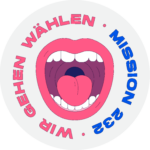 Offener Mund mit Zähnen und der Aufschrift "Mission 23/24", umgeben von den Worten "Wir Gehen". Ein Sticker-Design.