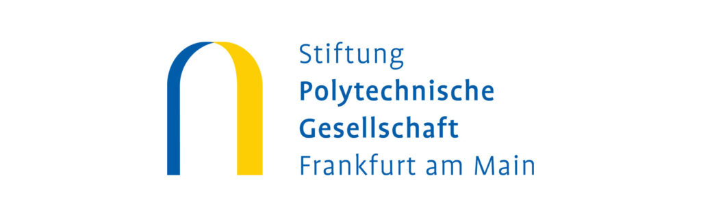 Logo der Polytechnische Gesellschaft Frankfurt am Main, ein geschwungenes blau-gelbes Design.