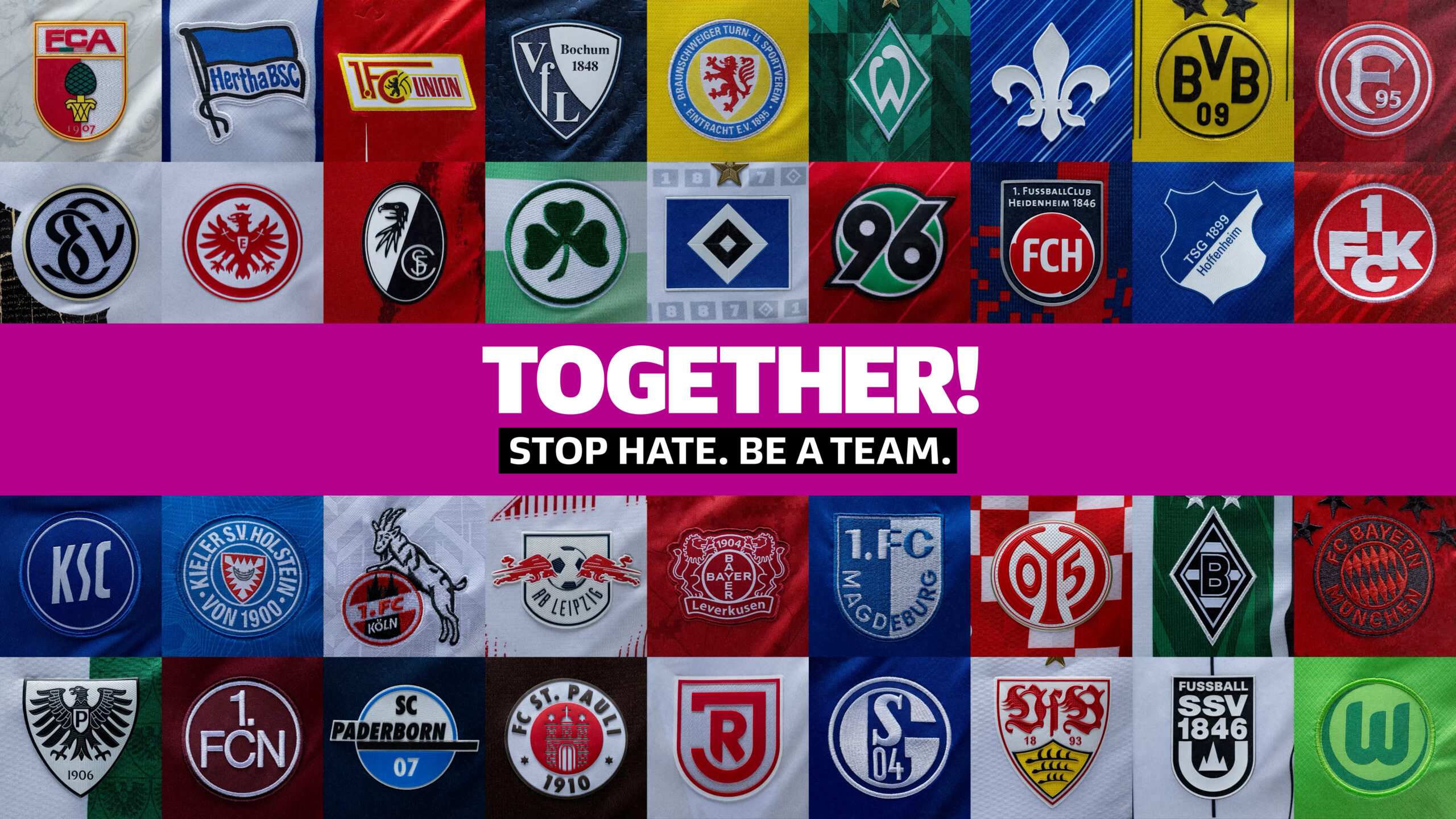 Collage aus den Vereinslogos der Fußball-Bundesliga mit dem Aufruf "TOGETHER! STOP HATE. BE A TEAM." als Zeichen der Solidarität und gegen Diskriminierung.