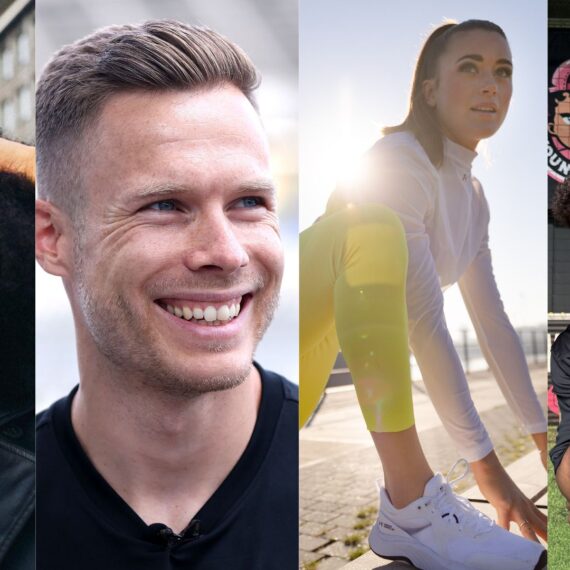 Alt-Text: Collage mit Porträts von vier Personen, die dem Kuratorium der DFL Stiftung angehören. Von links: Eine Frau mit lockigem Haar, ein Mann mit blondem Haar, eine Frau in Sportkleidung und ein Mann im Fußballtrikot.